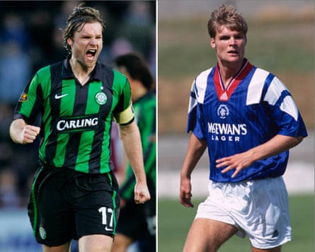 Celtic’s Steven Pressley celebrates their team’s Scottish Premier League victory over Hearts in January 2007. 24 July 1993 pre-season football friendly, Berwick Rangers v Rangers FC - Steven Pressley playing a pre-season friendly for Rangers at Berwick Rangers in July 1993.