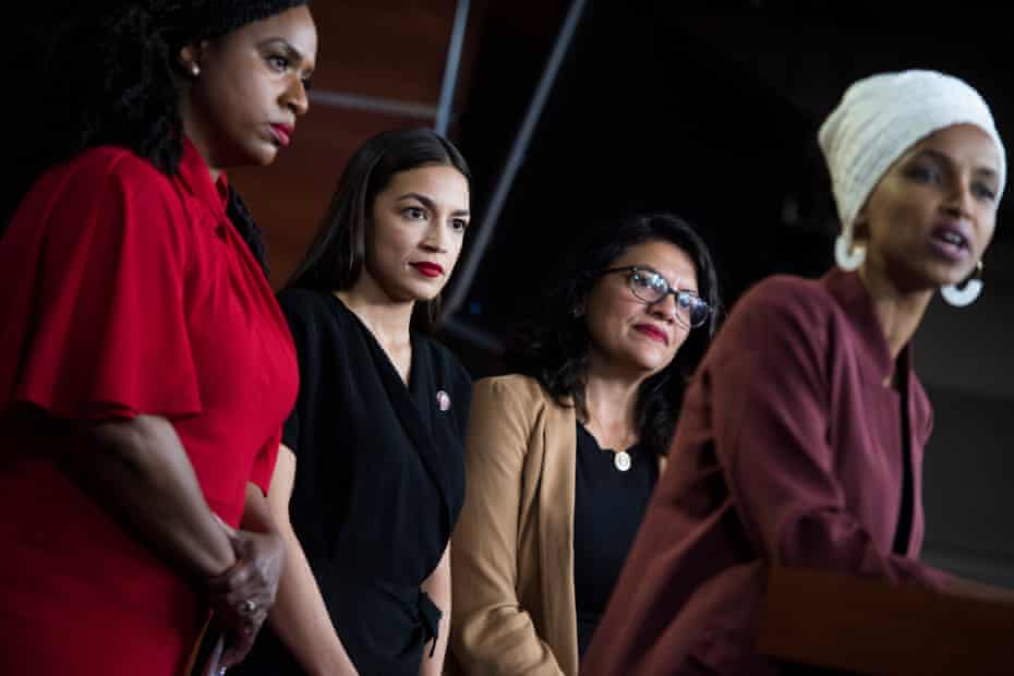 From left, Reps. Ayanna Pressley, D-Mass., Alexandria Ocasio-Cortez, D-N.Y., Rashida Tlaib, D-Mass., and Ilhan Omar, D-Minn., conduct a news conference in the Capitol Visitor Center responding to negative comments by President Trump that were directed the freshman House Democrats on Monday, July 15, 2019.