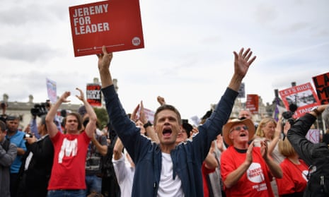 Momentum members rally in support of Jeremy Corbyn.