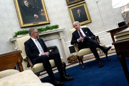 Anthony Albanese and Joe Biden speak in the Oval Office of the White House in Washington
