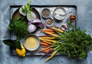 Ingredients for millet, harissa and roasted carrot salad