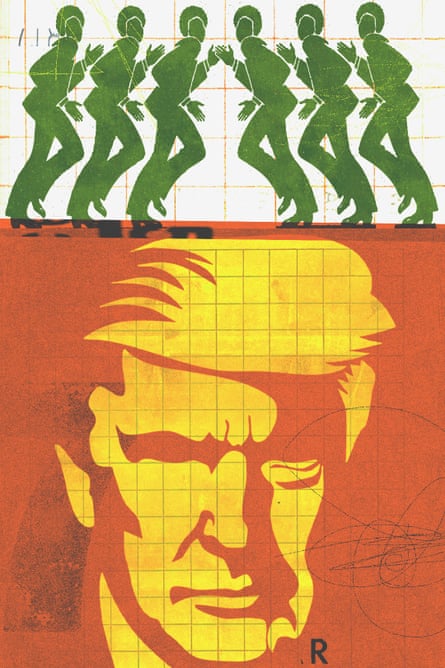 collage illustrating trump’s silhouette and people running