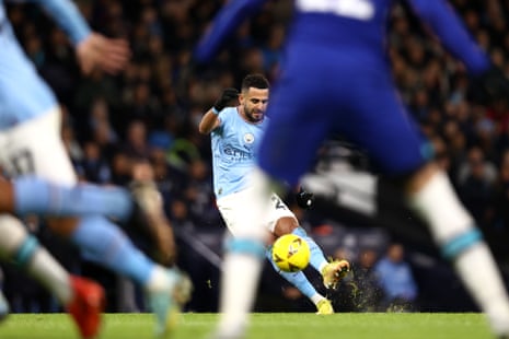 Riyad Mahrez of Manchester City scores the team’s first goal.