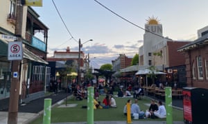Those who couldn’t get a table at bars and restaurants nearby sprawled on the ground at Yarraville’s pop-up park