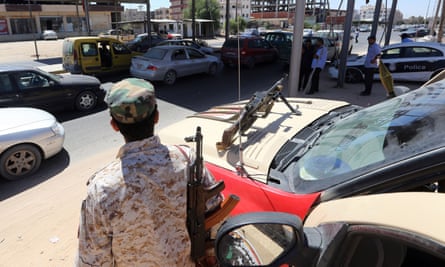 Members of a Libyan force tackling clandestine migration at a checkpoint in Sabrata, west of the capital Tripoli