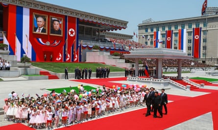 Putin and Kim attend the official welcome ceremony in the Kim Il Sung Square.
