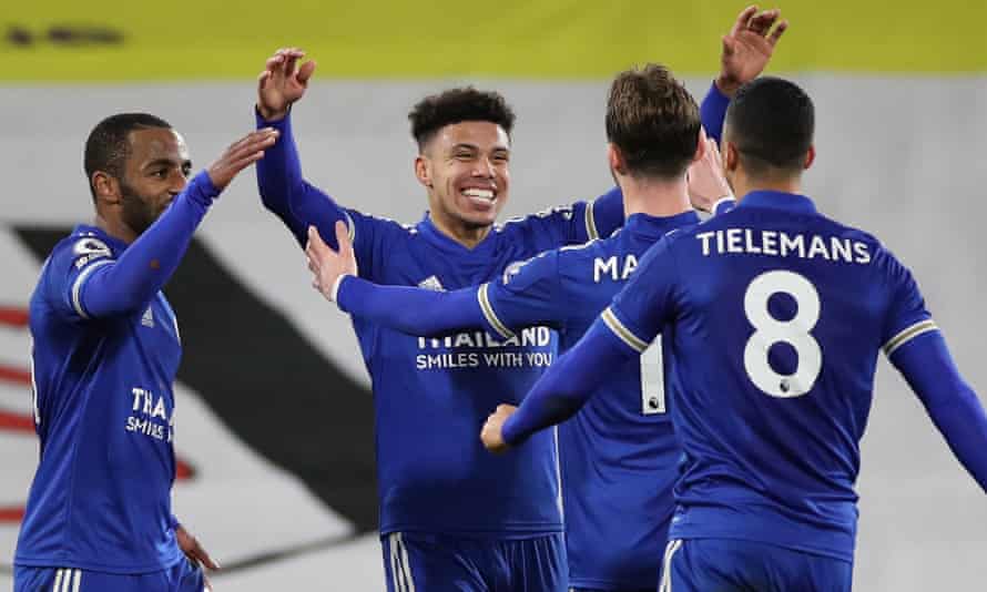 James Justin, centre, is congratulated after scoring in Leicester’s 2-0 victory over Fulham on Wednesday. The 22-year-old has been excellent at left-back this season.