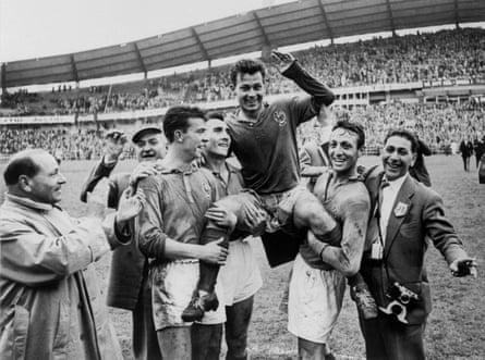 Just Fontaine is held aloft by teammates after scoring four goals in France’s win against West Germany in the 1958 World Cup third-fourth playoff