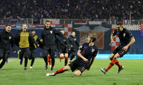 Croatia’s Tin Jedvaj celebrates scoring a dramatic Nations League winner against Spain with his second goal of a thrilling game in Zagreb.