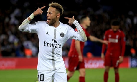 Paris Saint-Germain’s Neymar celebrates scoring his side’s second goal of the game.