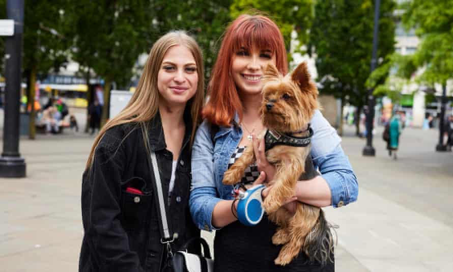 Julia Nowak, left, and Julia Orzel with Stitch the dog.