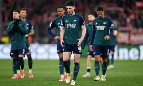Declan Rice of Arsenal looks dejected after the team’s defeat and elimination from the Champions League after losing their quarter-final second leg to Bayern Munich.