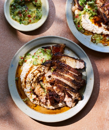 Masala bream, a beetroot and tahini dip, and coffee-marinated