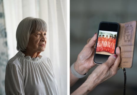 photo of a portrait of woman wearing white and photo of hands holding a phone showing five women wearing red