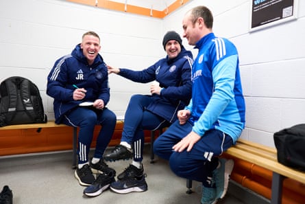 Macclesfield’s manager John Rooney (left) with his assistant Francis Jeffers (centre) and Ged Coyne, the kitman.