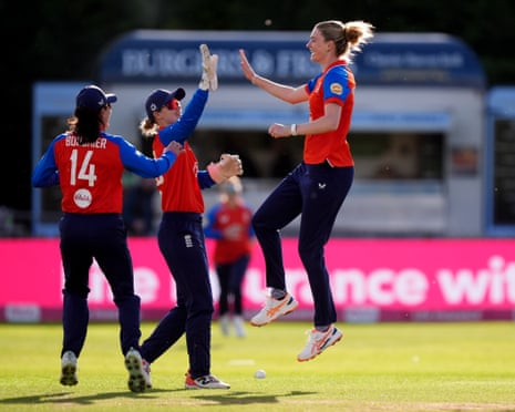 England's Lauren Bell celebrates bowling New Zealand's Georgia Plimmer.