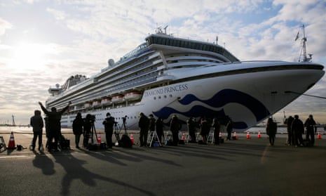 The Diamond Princess is anchored at Daikoku Pier Cruise Terminal in Yokohama.