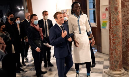 President Emmanuel Macron with Mory Sacko before a dinner during New Africa-France summit in Montpellier in October 2021.