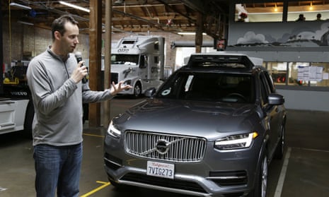 Anthony Levandowski, then head of Uber’s self-driving program, speaks about their driverless car in San Francisco, in December 2016.