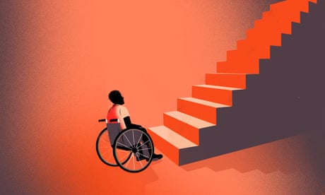 illustration: man in wheelchair at bottom of stairs
