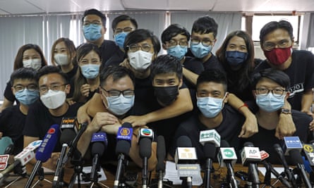 Pro-democracy Hong Kong activists in 2020 after being elected in unofficial pro-democracy primaries. They include Joshua Wong