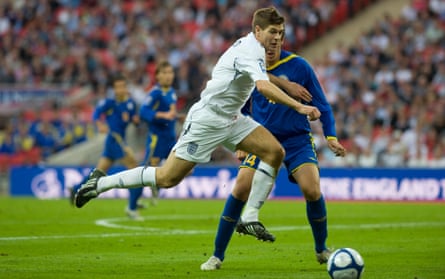Steven Gerrard goes on a driving run for England against Kazakhstan at Wembley in October 2008.