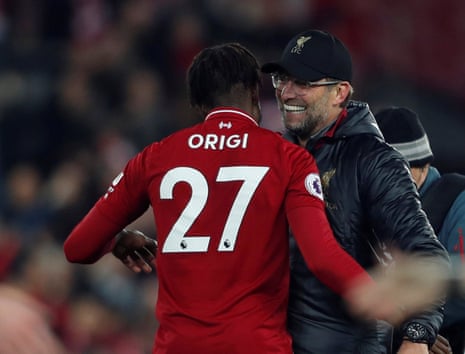 Klopp celebrates with Origi at the end of the match.