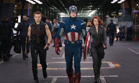 As Hawkeye, with Captain America (Chris Evans) and Black Widow (Scarlett Johansson) in The Avengers Assemble .