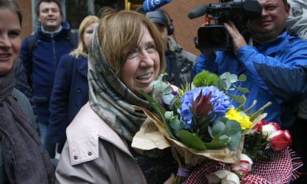 Svetlana Alexievich, surrounded by press in Minsk, Belarus, after her Nobel prize win was announced in October.