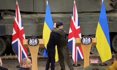Ukraine’s President Volodymyr Zelenskiy visits BritainUkraine’s President Volodymyr Zelenskiy and British Prime Minister Rishi Sunak embrace during a news conference at an army camp, in Dorset county, Britain, February 8, 2023.