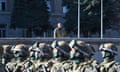 Azerbaijan's president Ilham Aliyev observes a military parade of his armed forces.