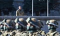 Azerbaijan's president, Ilham Aliyev, watches a military parade