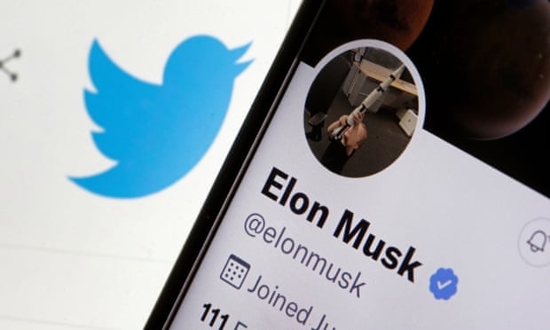 Photo illustration of Elon Musk’s Twitter account and Twitter's logo