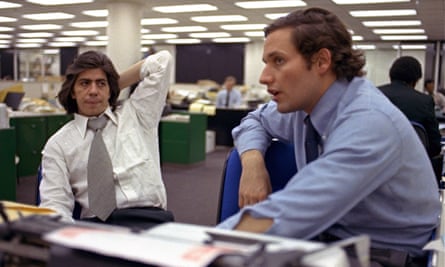 Reporters Bob Woodward, right, and Carl Bernstein, whose reporting of the Watergate case won them a Pulitzer Prize, in the Washington Post newsroom in 1973.