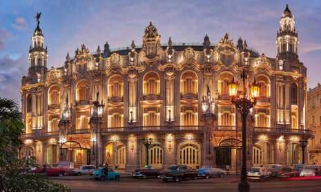 Exterior shot, at dusk, and with its baroque facade illuminated, this image shows the Gran Teatro de la Habana Alicia Alonso, Havana, Cuba.