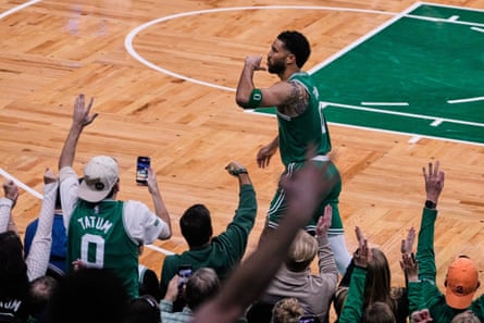 Jayson Tatum blows a kiss to fans after hitting a three during Friday’s second half.