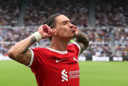 27 August 2023 Liverpool’s Darwin Núñez celebrates scoring their first goal against Newcastle.