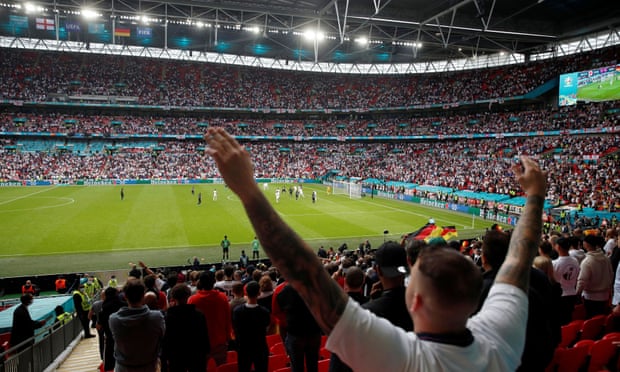 An England fan celebrates during the Euro 2020 match against Germany at Wembley.
