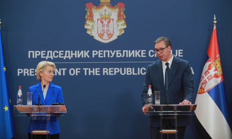 The EU Commission president, Ursula von der Leyen, and the Serbian leader, Aleksandar Vučić, at a joint news conference in Belgrade, Serbia, yesterday.