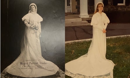 side by side pictures of two women in the same long white dressing dress with little puffy sleeves and a long train