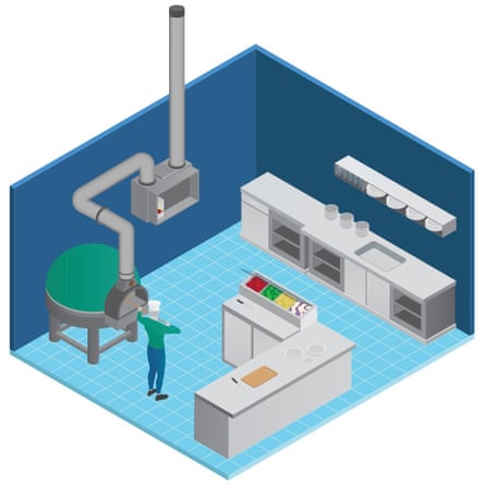 illustration of kitchen with oven and filter connected by pipes