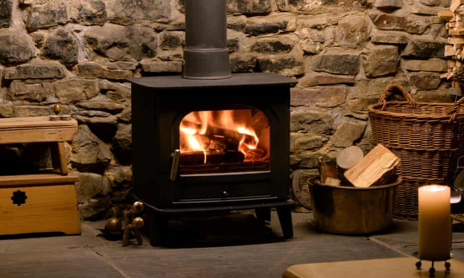 Roaring fire in wood-burning stove