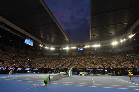 Serena plays a forehand return at the Rod Laver Arena.