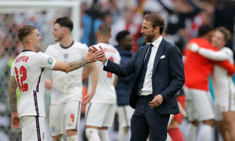 Gareth Southgate, with Kieran Trippier after victory against Germany, says the quarter-final trip to Rome helped his team’s focus but he is delighted to be returning to Wembley.