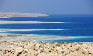 The Dead Sea at Ein Gedi in Israel, shows how the shoreline is shaped by the decline in water levels as a result of drought.