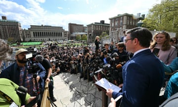 Mike Johnson speaks to the media after meeting with Jewish students at Columbia University in New York City.