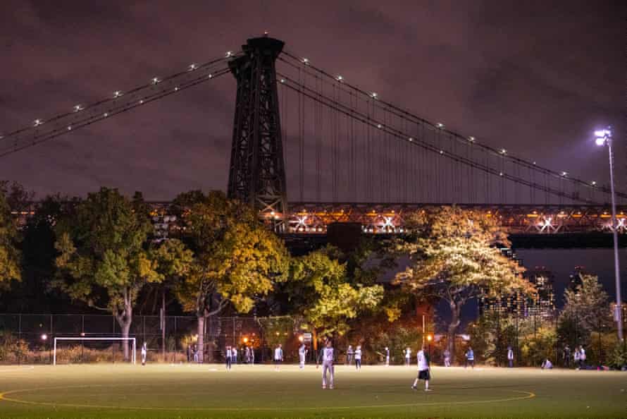Soccer fields in East River Park in front of the the Williamsburg Bridge.