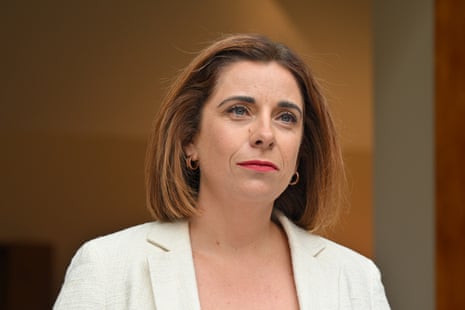 Communications minister Anika Wells speaks to the press this morning