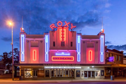 The Roxy Theatre exterior lit up at night