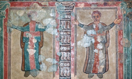 Part of a wall painting at Lullingstone Roman Villa showing early British christians at prayer from the 2nd century AD.